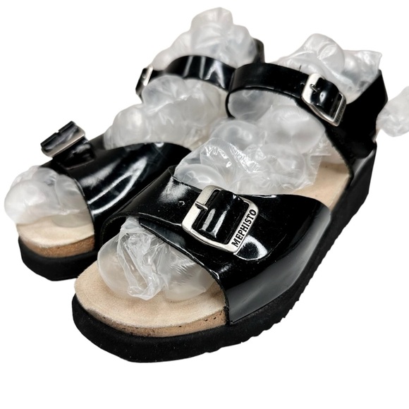 Mephisto Wedge Sandals Black Patent Leather Buckle Straps SZ 37 - Picture 3 of 11